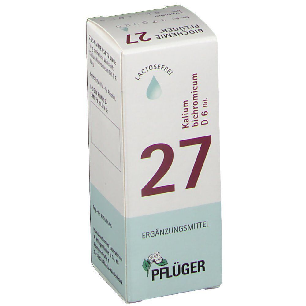 Seitenansicht einer Packung Schüßler-Salz Nr. 27 Kalium bichromicum D6 von Pflüger.
