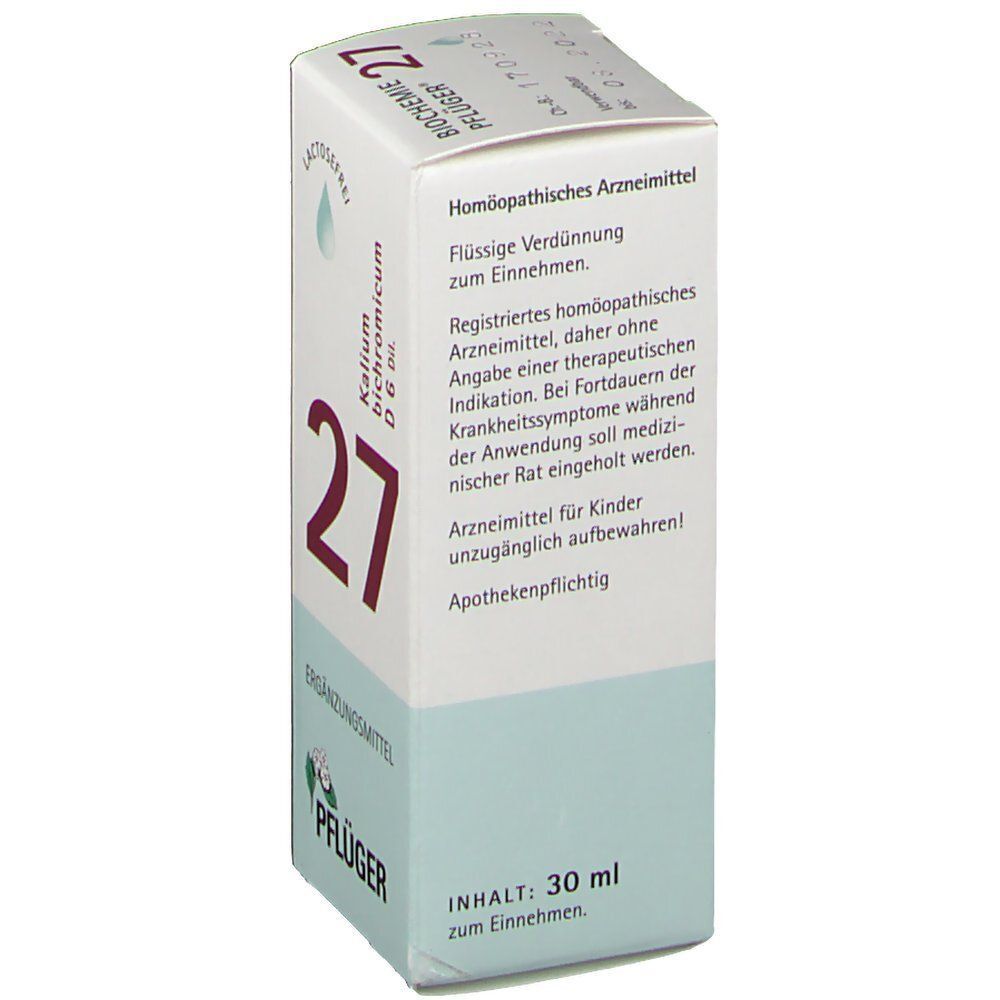 Packung Schüßler-Salz Nr. 27 Kalium bichromicum D6 von Pflüger, 30 ml.