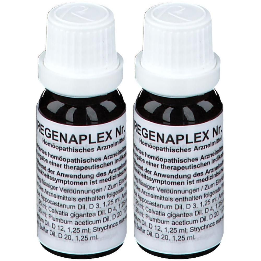 Zwei kleine braune Glasflaschen mit weißen Tropferverschlüssen, beschriftet mit "REGENAPLEX Nr."