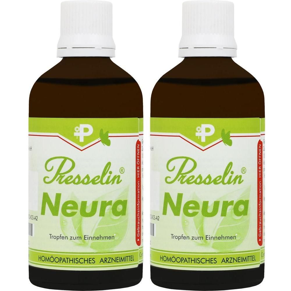 Zwei Flaschen Presselin Neura Tropfen, homöopathisches Arzneimittel.