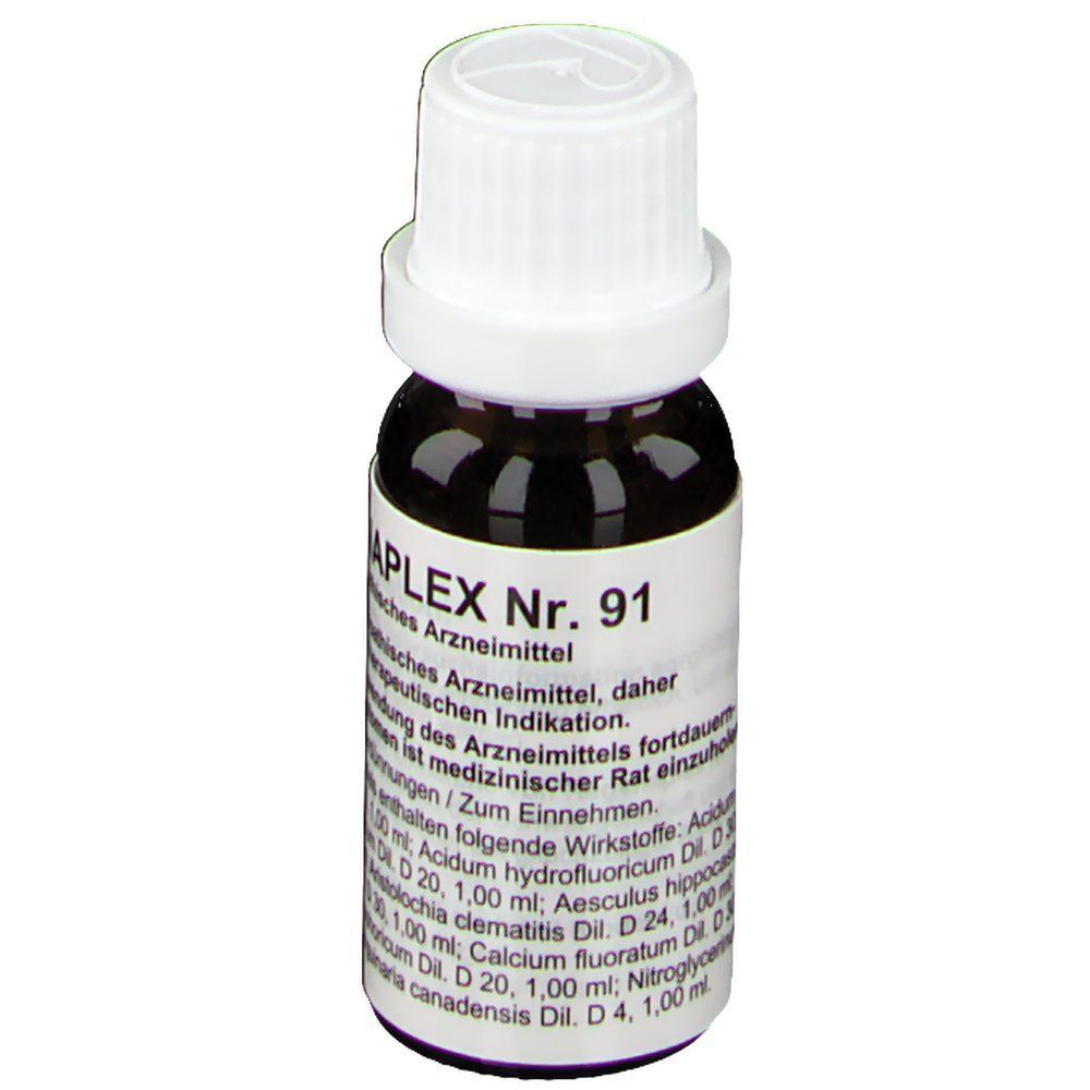 Eine kleine braune Glasflasche mit weißem Tropferverschluss, beschriftet mit Regenaplex Nr. 91.