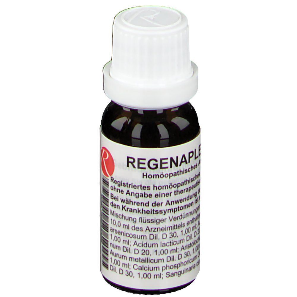 Eine kleine braune Glasflasche mit weißem Tropferverschluss, beschriftet mit Regenaplex, homöopathisches Arzneimittel.