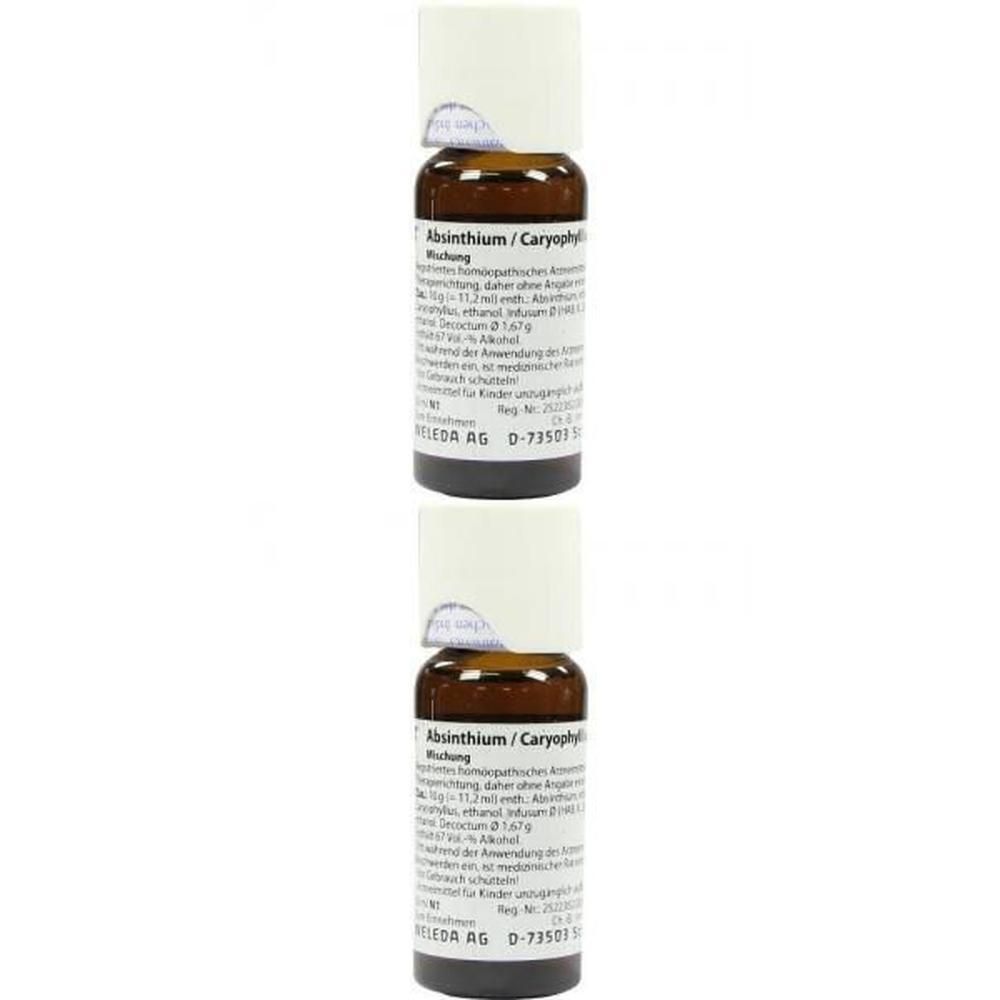 Zwei braune Glasfläschchen mit weißem Verschluss, beschriftet mit "Absinthium / Caryophylli Comp."