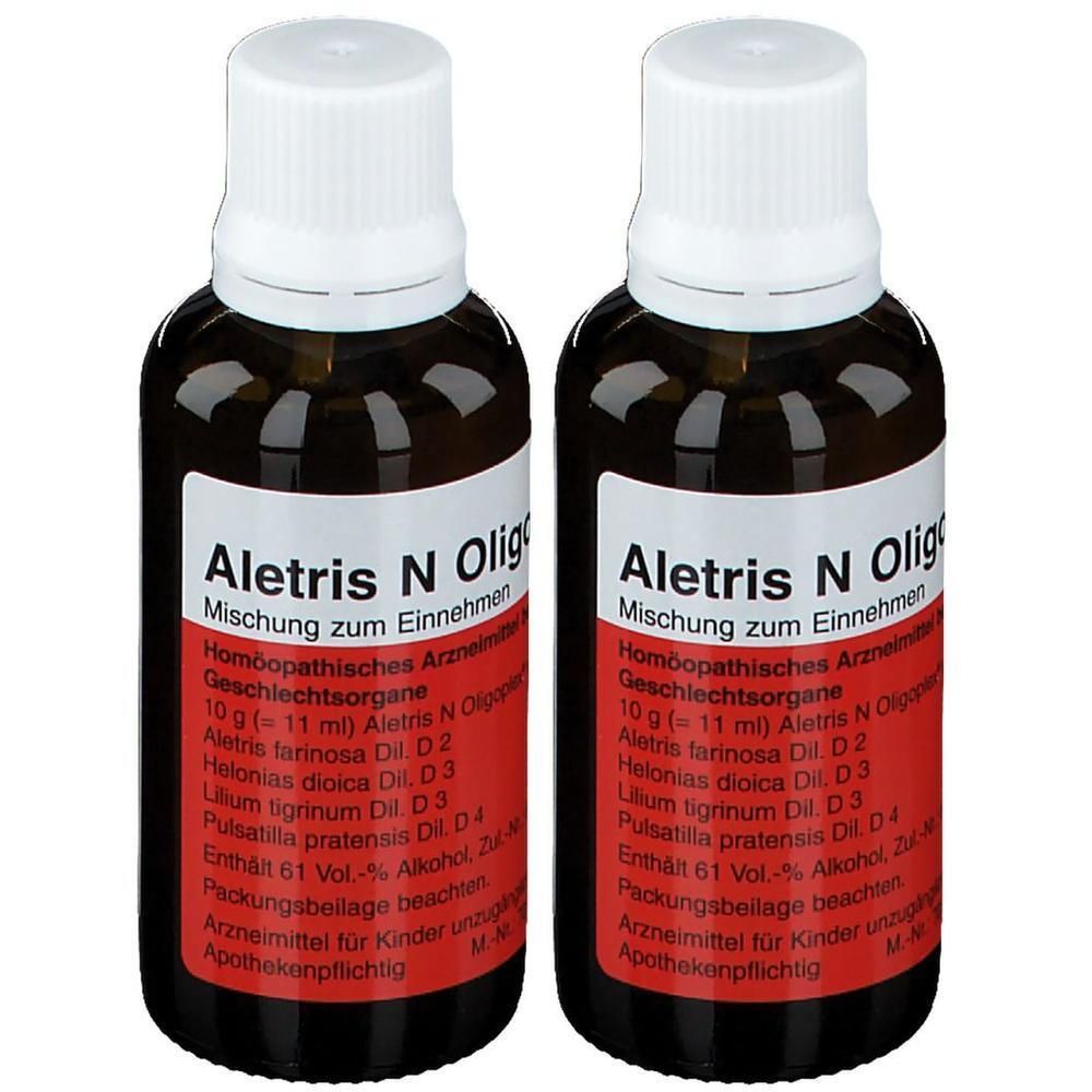 Zwei braune Glasflaschen mit weißem Verschluss, gefüllt mit Aletris N Oligoplex®.