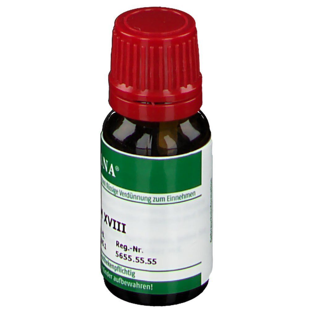 Eine ARCANA Natrium Sulfuricum LM XVIII Tropfenflasche mit rotem Verschluss.