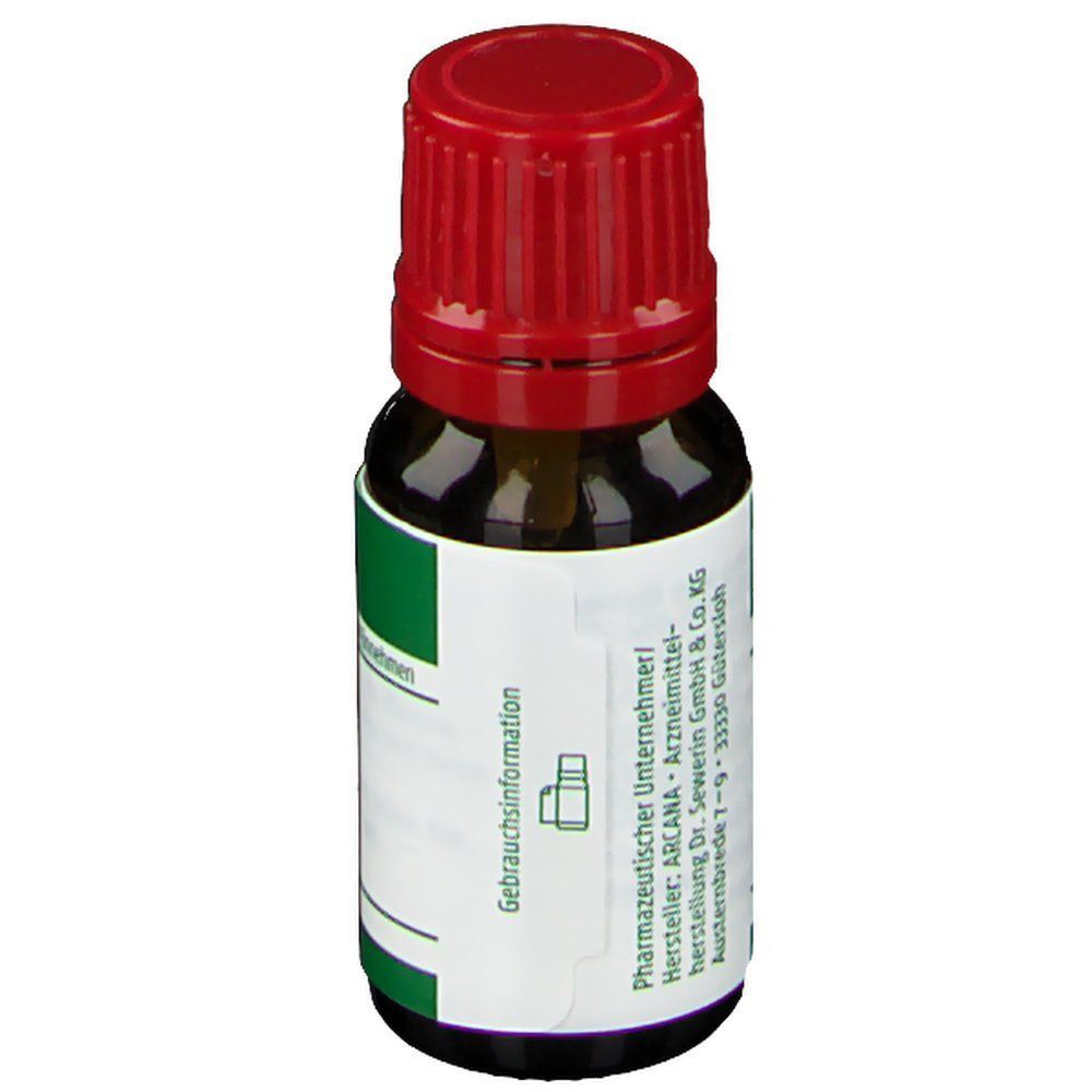 Rückseite einer ARCANA Natrium Sulfuricum LM XVIII Tropfenflasche mit Etikett.