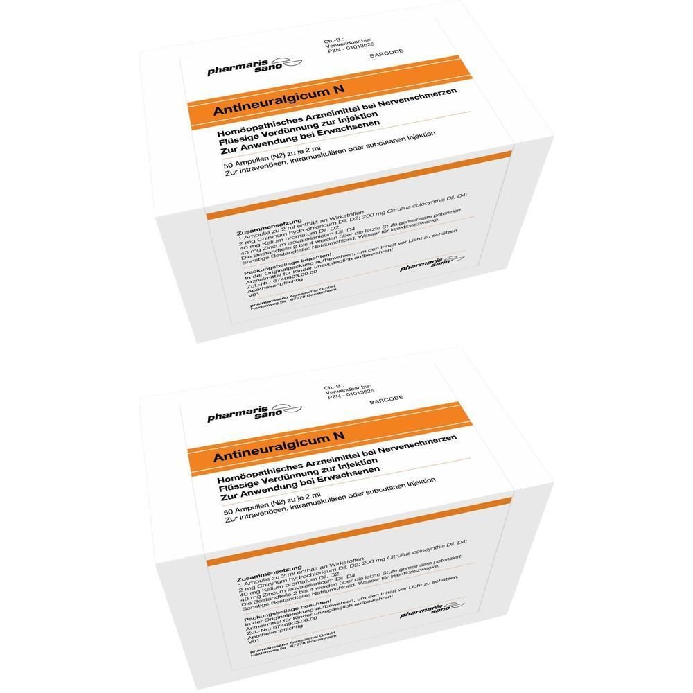 Zwei Packungen Antineuralgicum N Ampullen, homöopathisches Arzneimittel bei Nervenschmerzen.