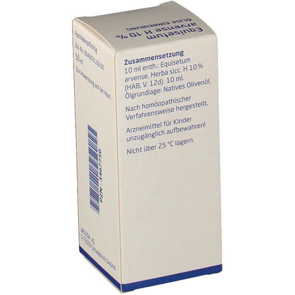 Rückseite der Weleda Equisetum arvense H 10% Packung mit Zusammensetzung und Anwendungshinweisen.
