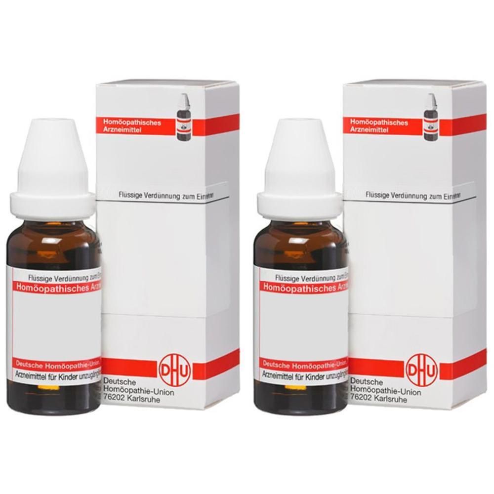 Zwei Flaschen homöopathisches Arzneimittel mit Beipackzettel, DHU.