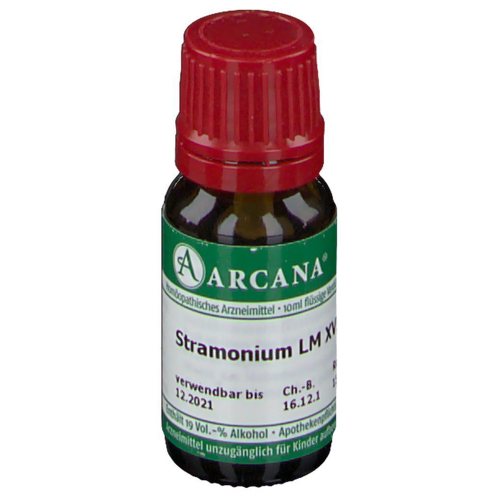 Braune Glasflasche mit rotem Schraubverschluss, ARCANA Stramonium LM XVIII, 10ml.