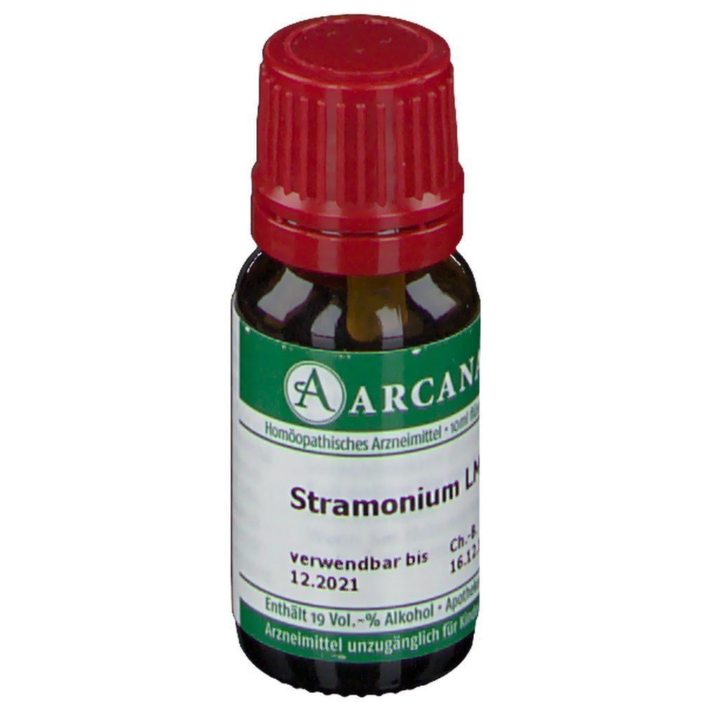Braune Glasflasche mit rotem Schraubverschluss, ARCANA Stramonium LM XVIII, verwendbar bis 12.2021.
