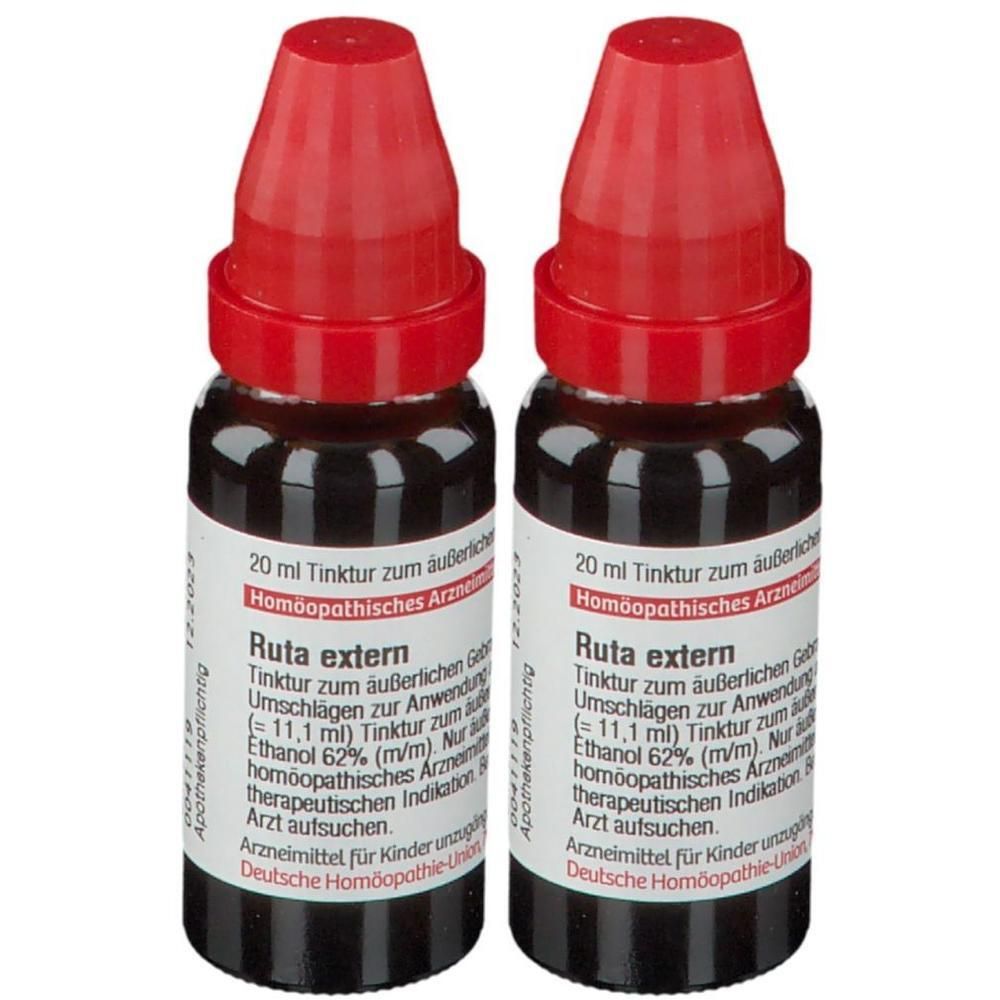 Zwei Fläschchen mit rotem Verschluss, 20 ml Tinktur zum äußerlichen Gebrauch.