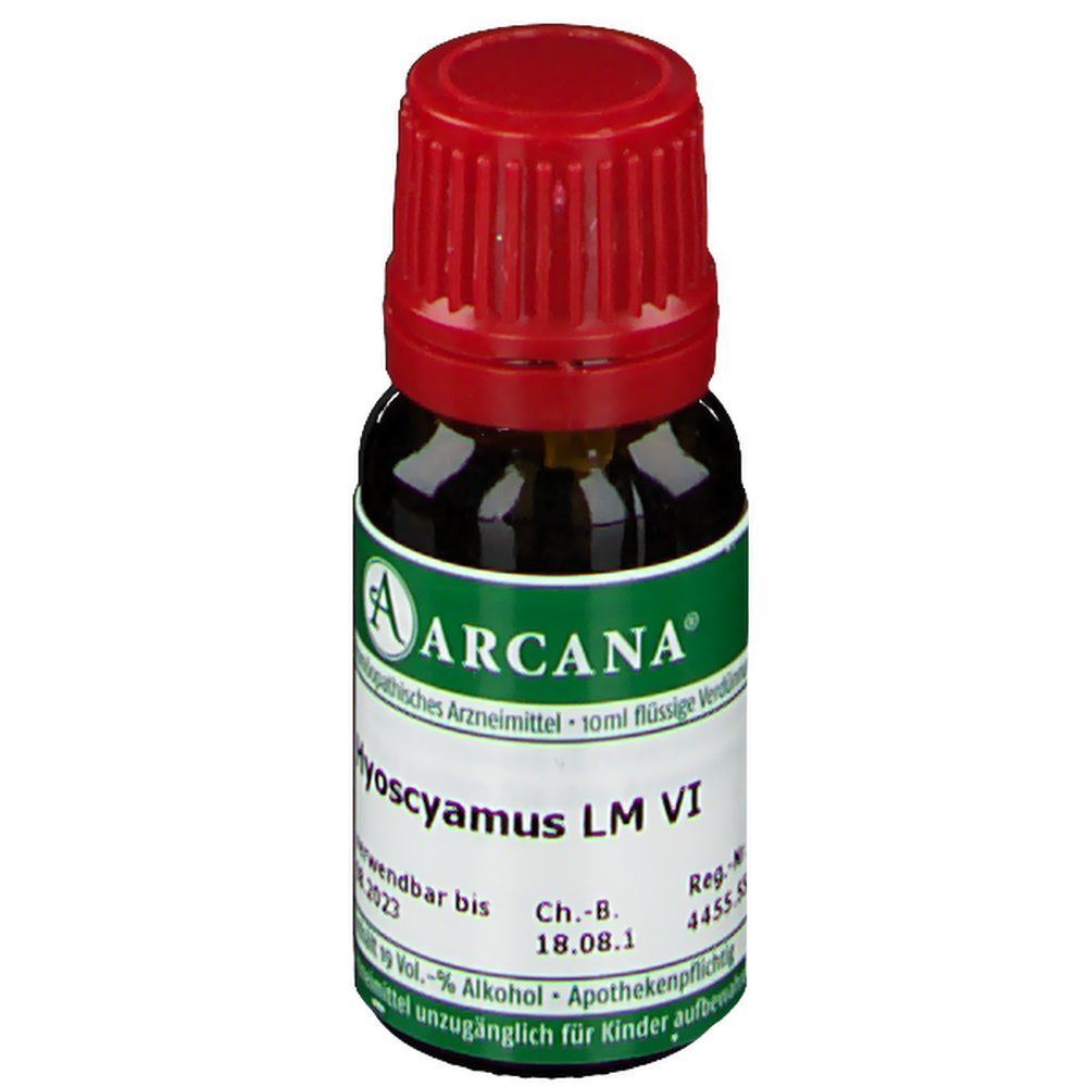 Eine 10ml braune Glasflasche ARCANA Hyoscyamus LM VI mit rotem Schraubverschluss und Etikett.