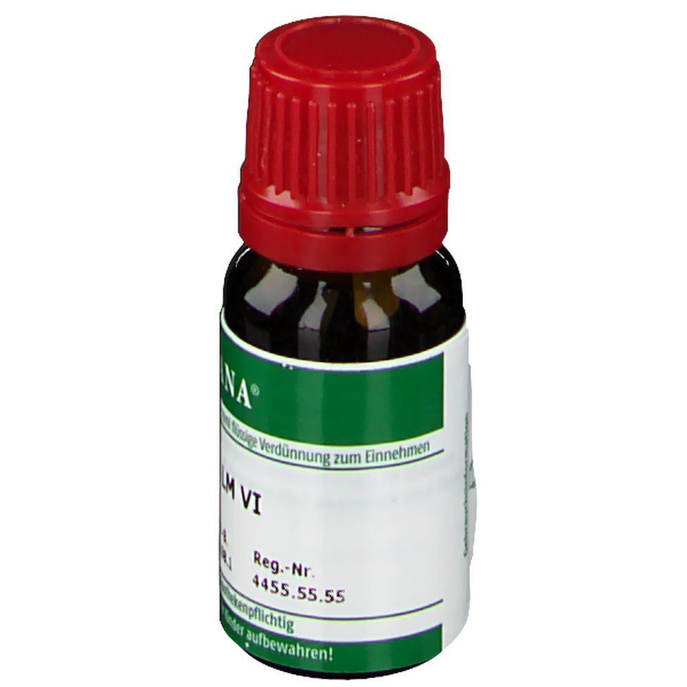 Rückseite einer 10ml ARCANA Hyoscyamus LM VI Flasche mit Etikett und rotem Schraubverschluss.