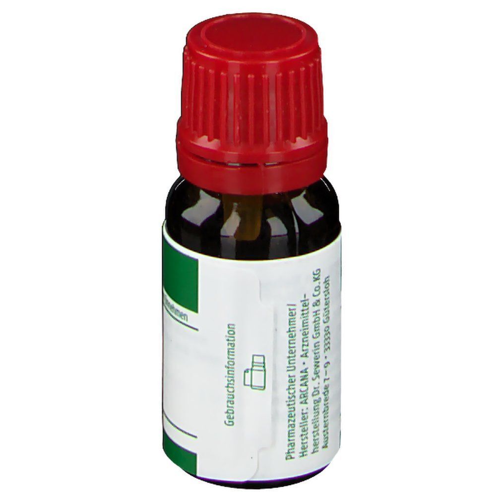 Seitenansicht einer 10ml ARCANA Hyoscyamus LM VI Flasche mit Etikett und rotem Schraubverschluss.