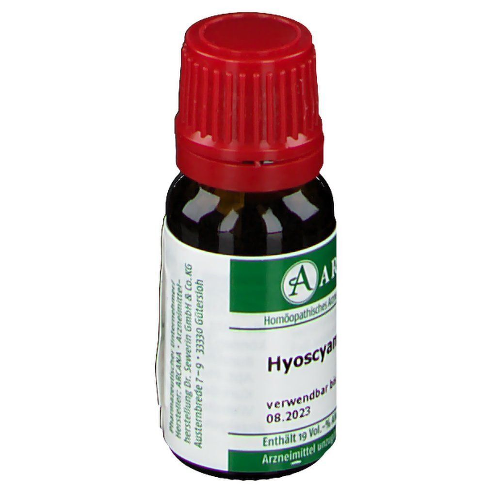 Eine 10ml braune Glasflasche ARCANA Hyoscyamus LM VI mit rotem Schraubverschluss, Seitenansicht.