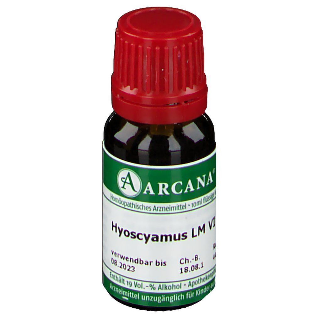 Eine 10ml braune Glasflasche ARCANA Hyoscyamus LM VI mit rotem Schraubverschluss und Etikett.