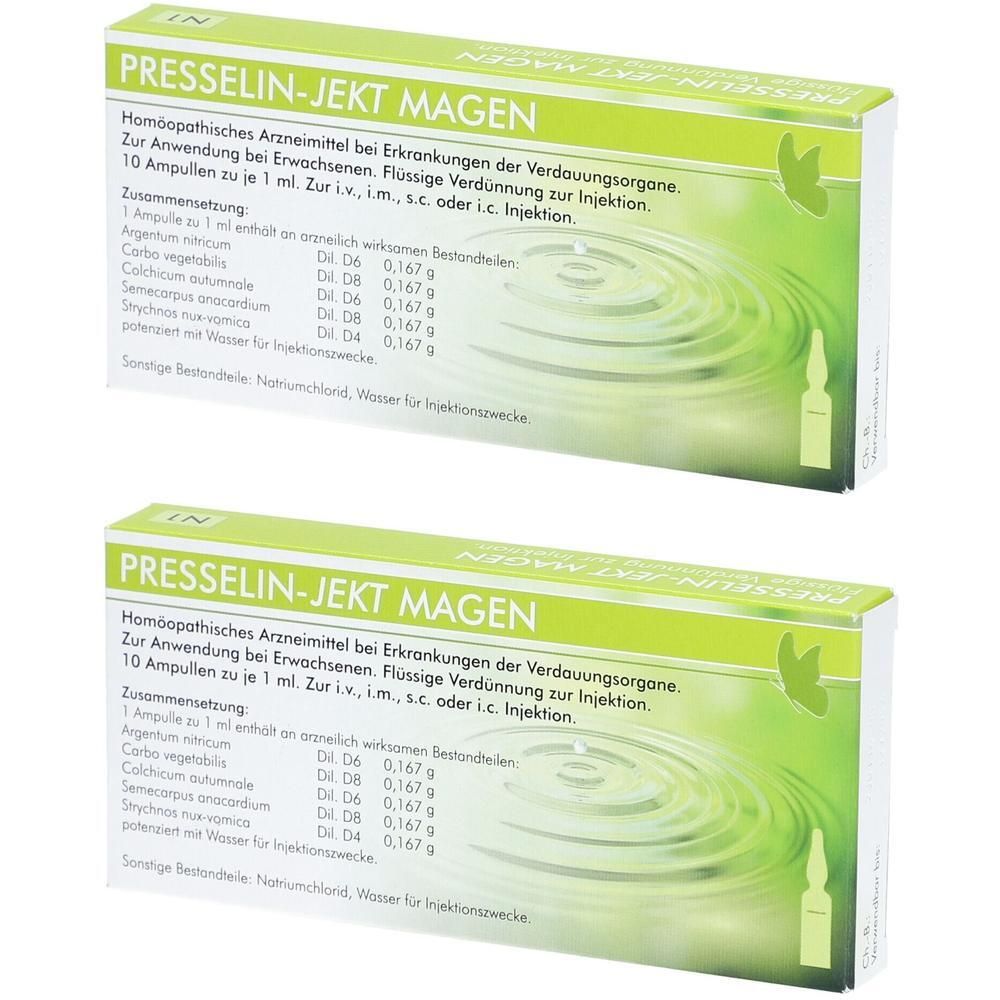 Zwei Packungen Presselin-Jekt Magen mit je 10 Ampullen. Homöopathisches Arzneimittel.