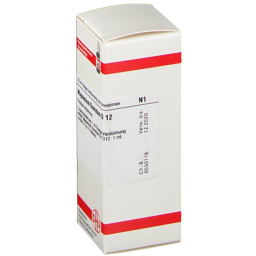 Packung DHU Magnesium Fluoratum D12, 20 ml, Rückseite mit Verfallsdatum.
