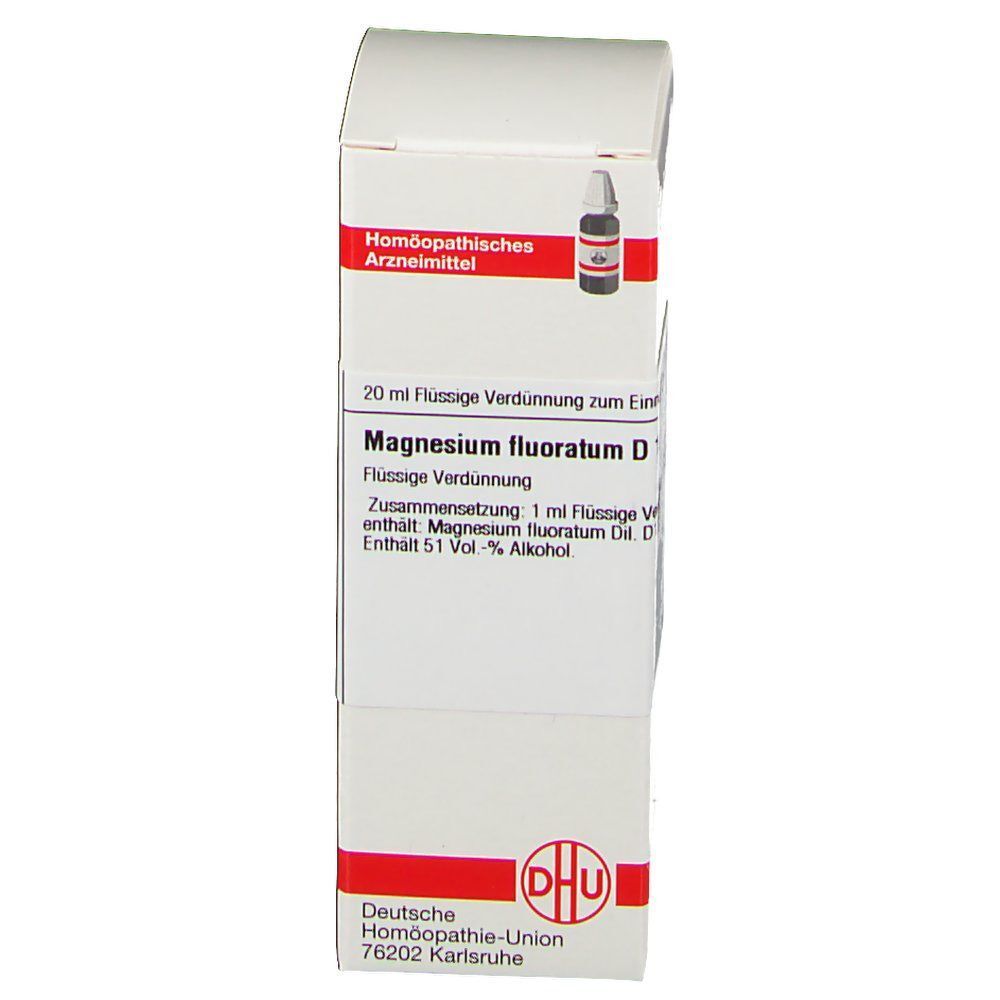 Packung DHU Magnesium Fluoratum D12, 20 ml, Vorderseite mit Details.