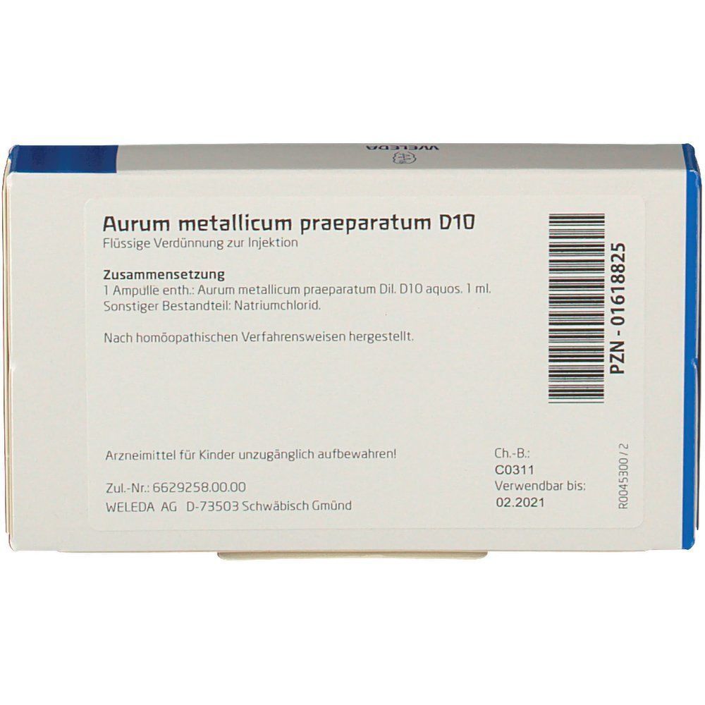 Rückseite einer Packung Aurum metallicum praeparatum D10 von Weleda, mit PZN und Verfallsdatum.
