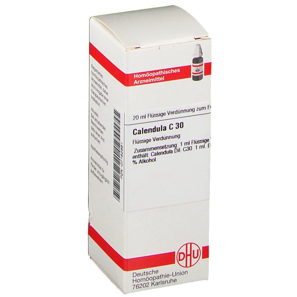 DHU Calendula C30 20ml Tropfflasche mit Kartonverpackung, Vorderseite.