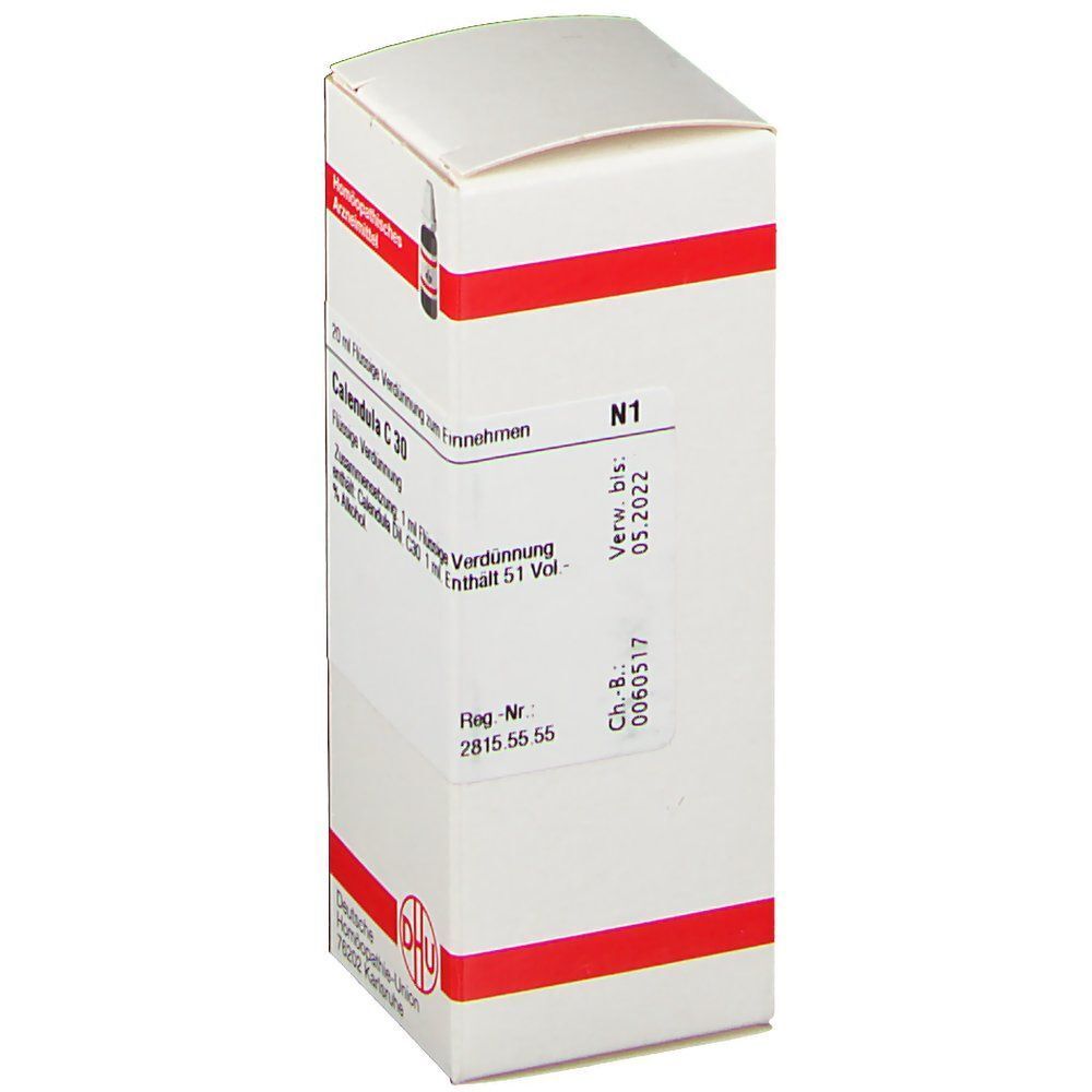 DHU Calendula C30 20ml Tropfflasche mit Kartonverpackung, Seitenansicht mit Verfallsdatum.