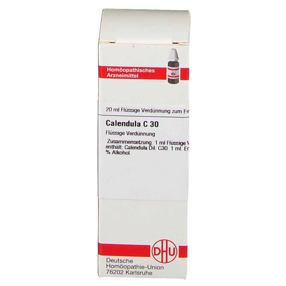 DHU Calendula C30 20ml Tropfflasche mit Kartonverpackung, Vorderseite mit Details.