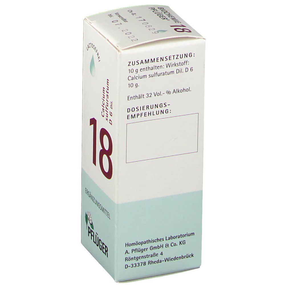 Rückseite einer Packung Schüßler-Salz Nr. 18 Calcium sulfuratum D6 Dil.