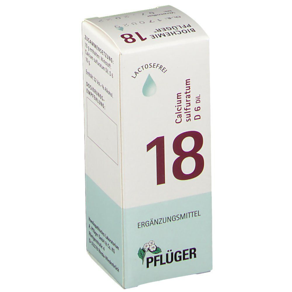 Seite einer Packung Schüßler-Salz Nr. 18 Calcium sulfuratum D6 Dil.