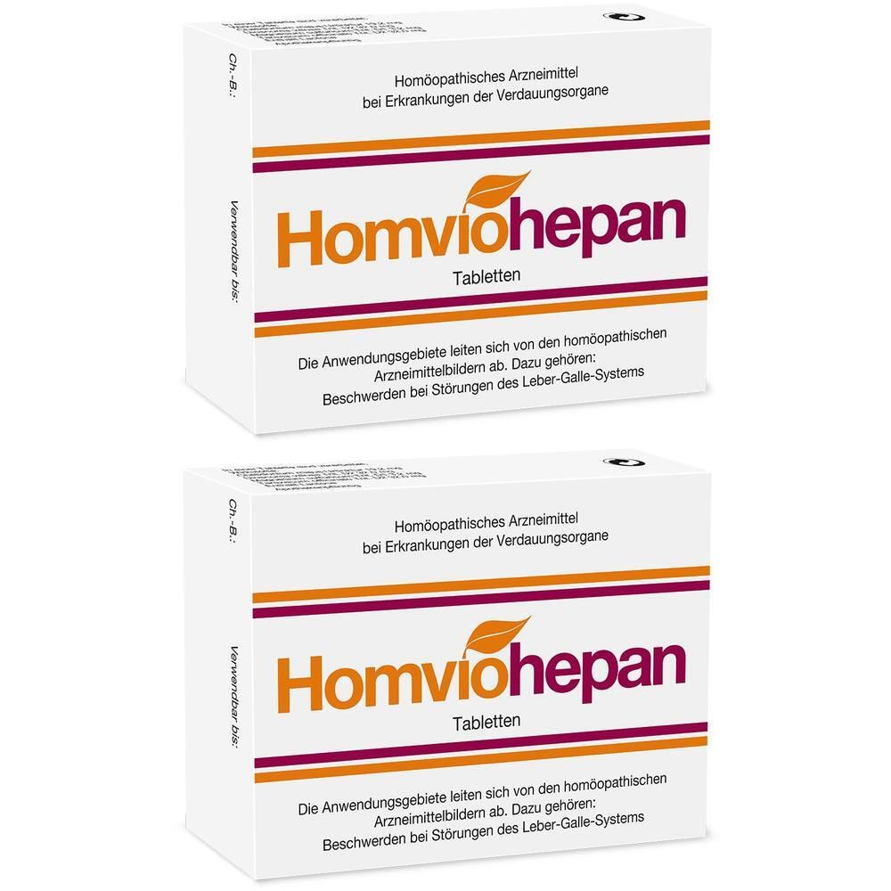 Zwei Packungen Homviohepan Tabletten, homöopathisches Arzneimittel bei Erkrankungen der Verdauungsorgane.