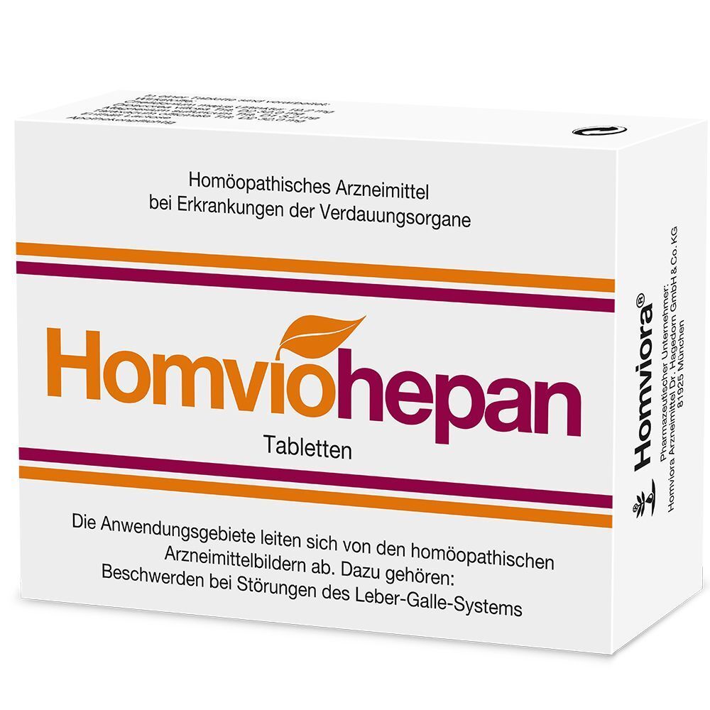 Packung Homviohepan Tabletten mit Herstellerangaben und Anwendungsgebieten.