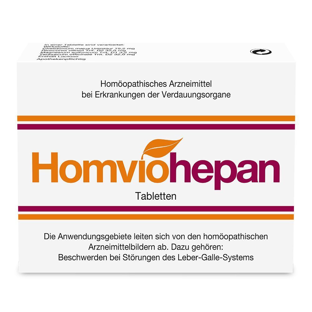 Packung Homviohepan Tabletten, homöopathisches Arzneimittel bei Verdauungsbeschwerden.