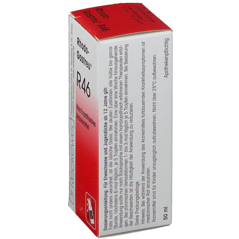 Packung Rhodo Gastreu R46 Tropfen, Vorderseite mit Dosierungsanleitung und Inhaltsangabe.
