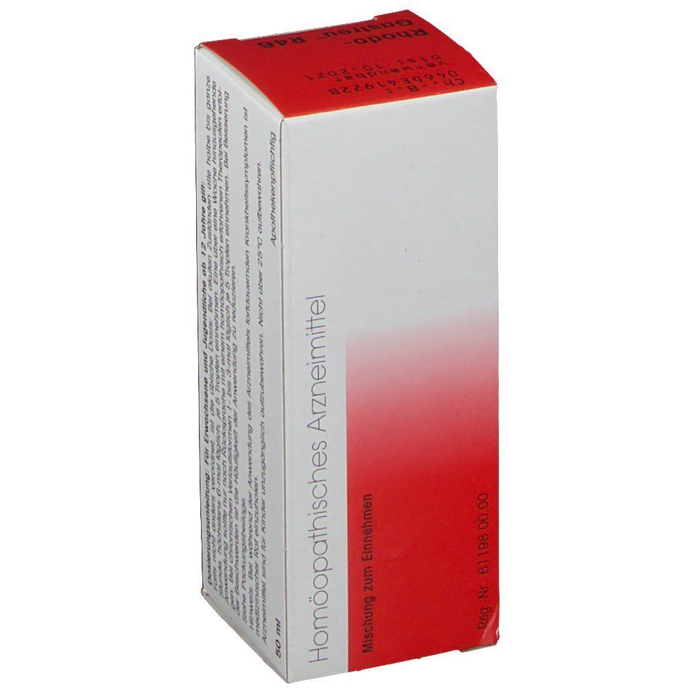 Packung Rhodo Gastreu R46 Tropfen, Seite mit Homöopathisches Arzneimittel und Mengenangabe.