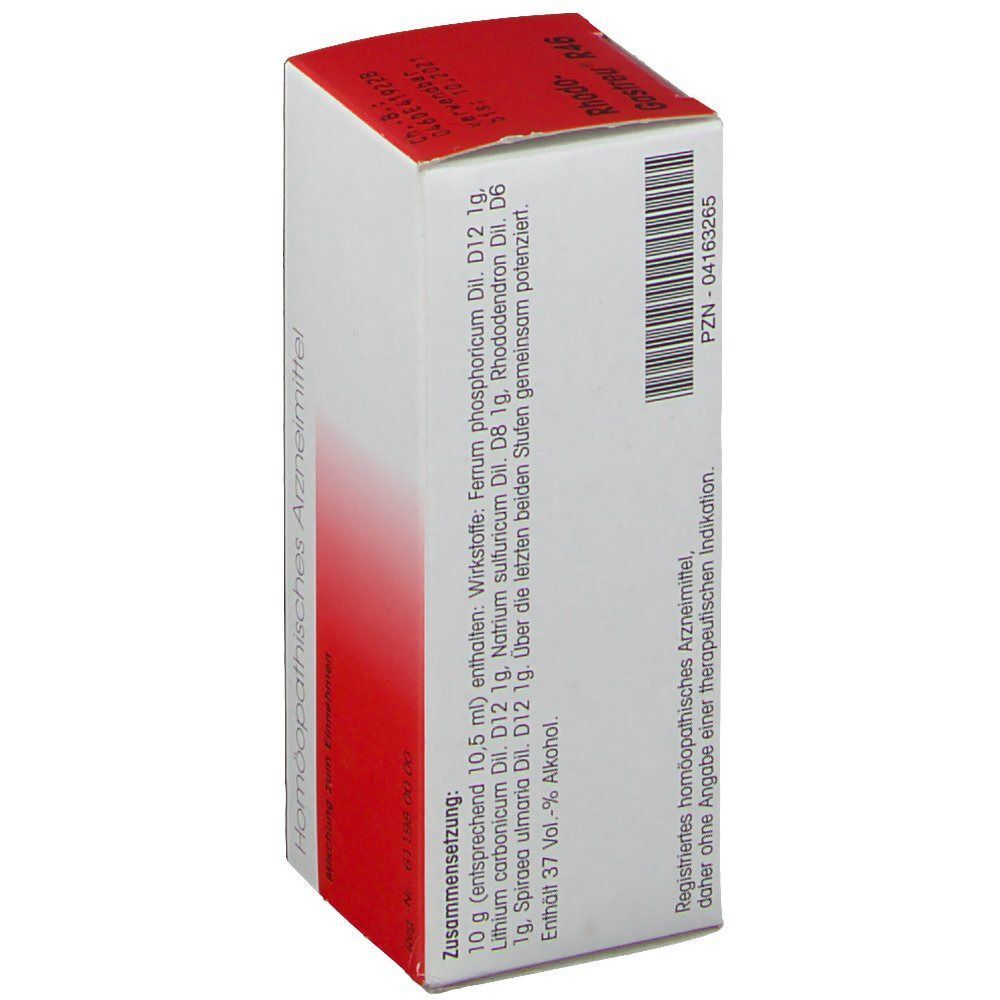 Packung Rhodo Gastreu R46 Tropfen, Seite mit Zusammensetzung und PZN-Nummer.
