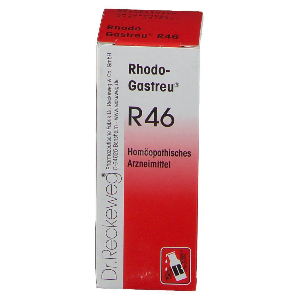 Packung Rhodo Gastreu R46 Tropfen, Vorderseite mit Dr. Reckeweg Logo und Homöopathisches Arzneimittel.