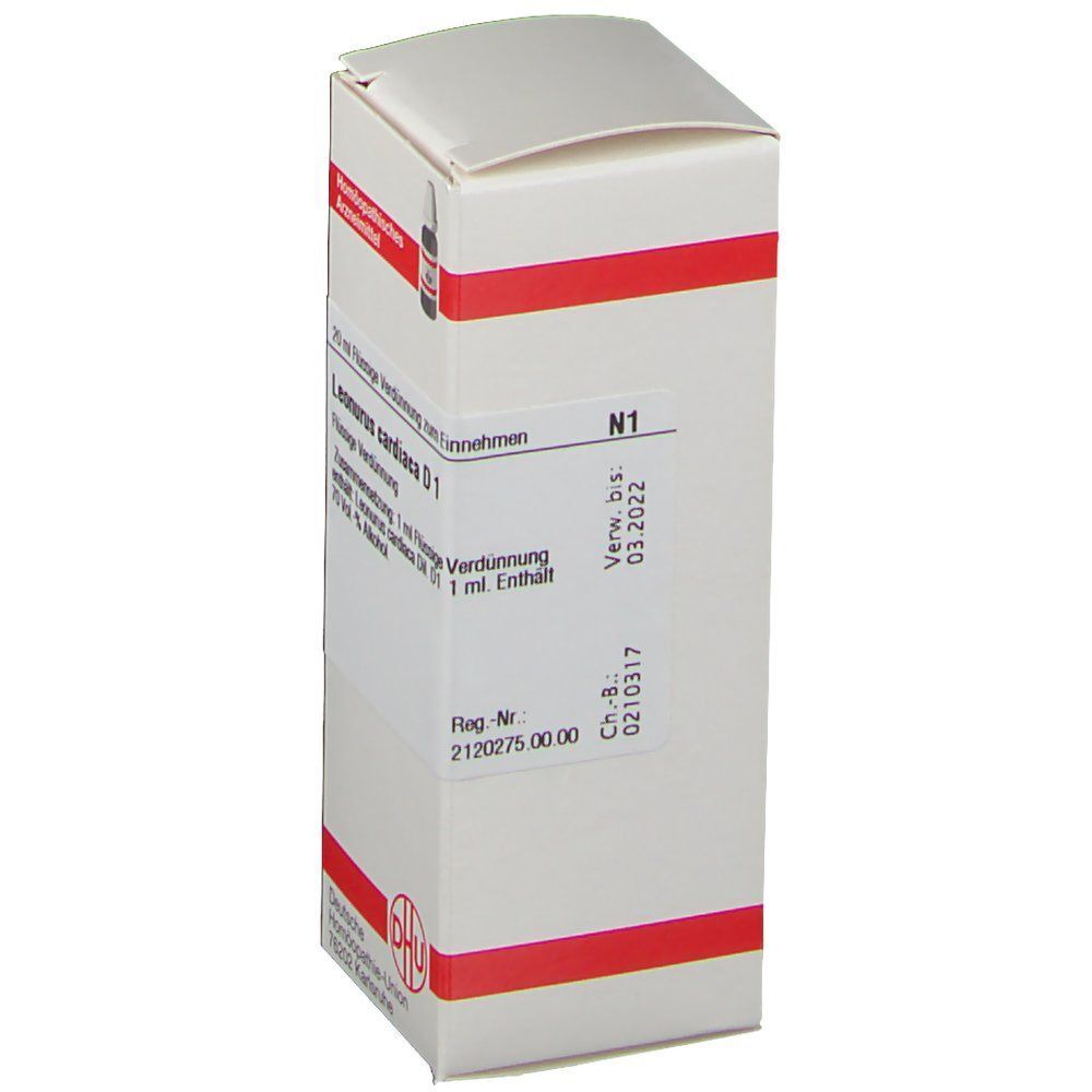 Packung DHU Leonurus Cardiaca D1, 20 ml. Rückseite mit Chargennummer und Verfallsdatum.