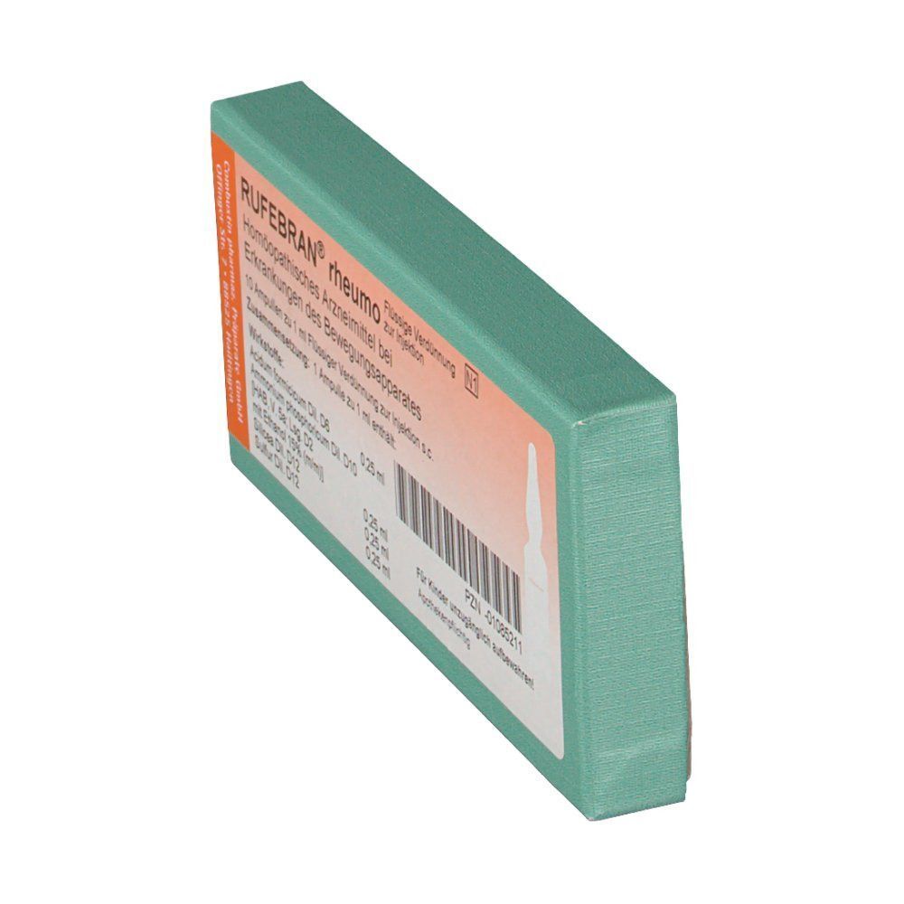Eine Packung RUFEBRAN® rheumo Ampullen in grünem Karton, Seitenansicht.