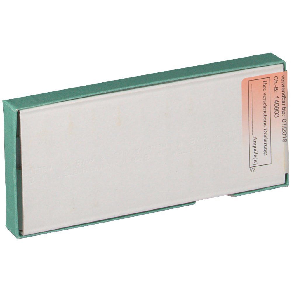 Eine Packung RUFEBRAN® rheumo Ampullen, Rückseite mit Etikett.