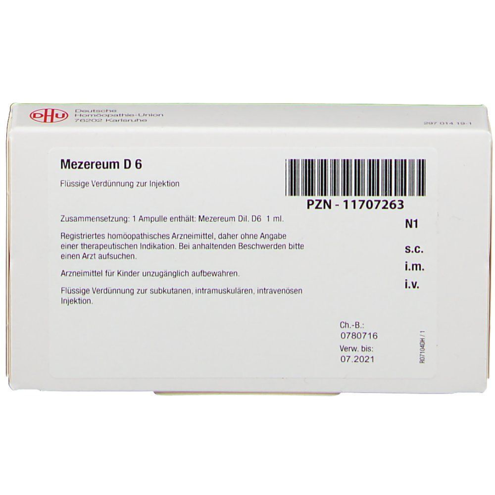 Packung Mezereum D6, homöopathisches Arzneimittel, flüssige Verdünnung zur subkutanen, intramuskulären, intravenösen Injektion.
