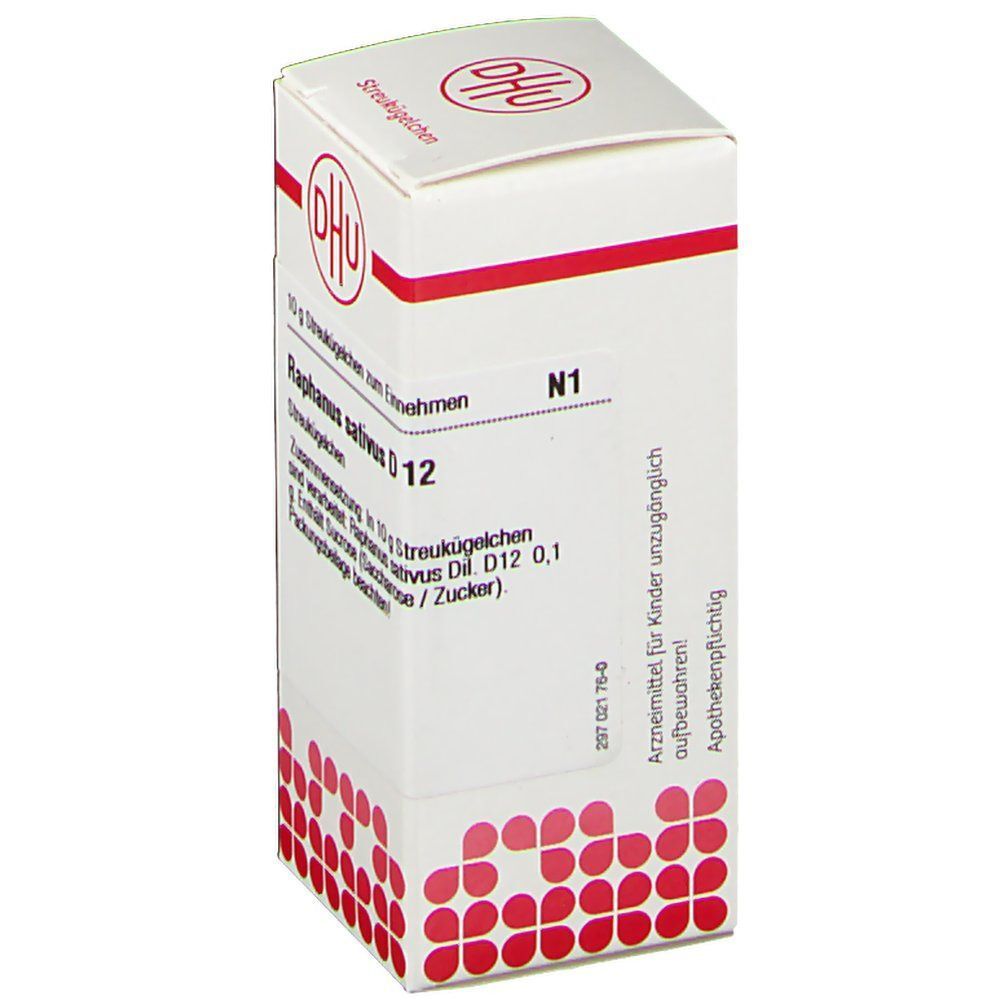 Eine Packung DHU Raphanus Sativus D12 Streukügelchen, 10g. Weiße Kartons mit roten Akzenten und Text.