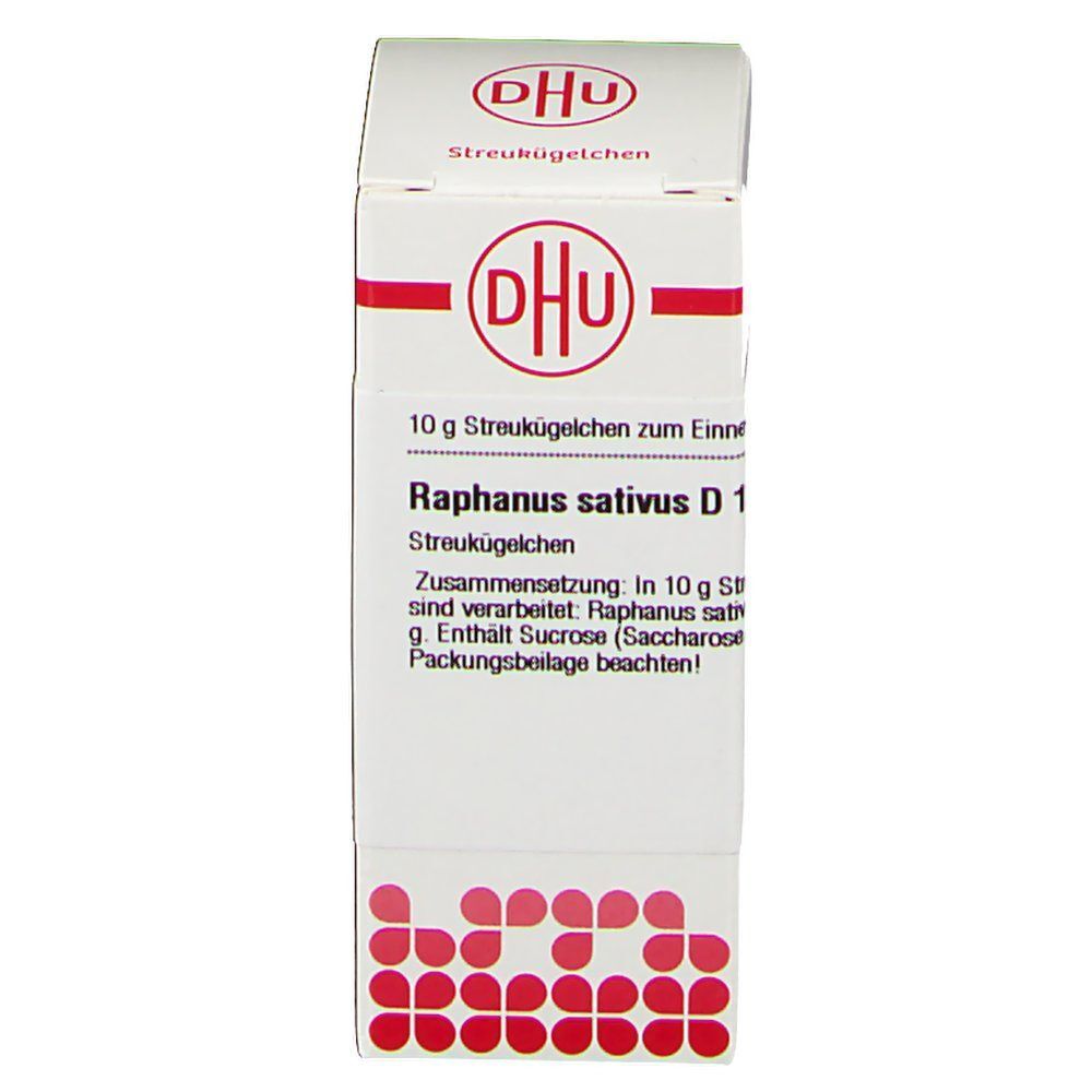 Eine Packung DHU Raphanus Sativus D12 Streukügelchen, 10g. Weiße Kartons mit roten Akzenten und Text.