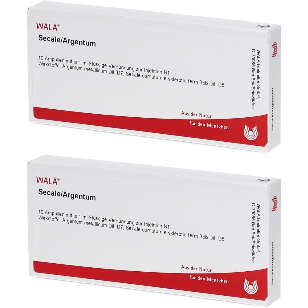 Zwei Packungen WALA Secale Argentum Ampullen, 10 Ampullen je 1 ml. Weiße Kartons mit rotem Streifen.