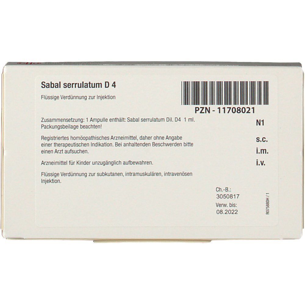 Packung DHU Sabal Serrulatum D4 Ampullen, 8x 1ml. Flüssige Verdünnung zur Injektion.