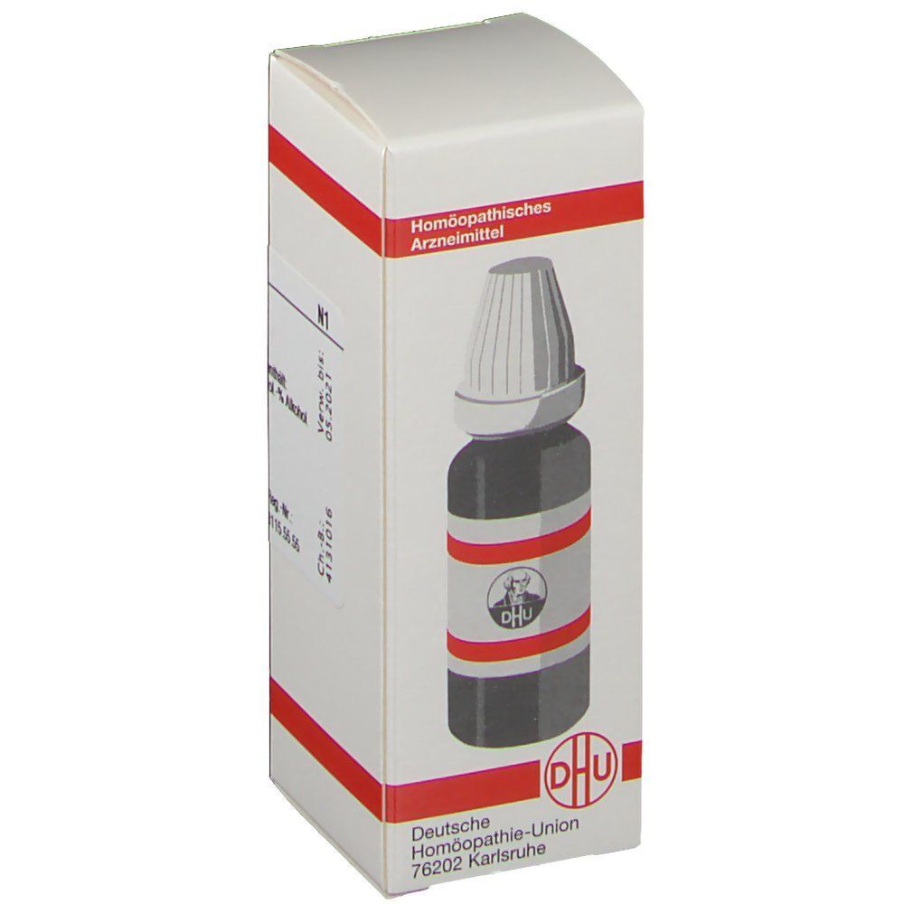Seite einer Schachtel DHU Spiraea Ulmaria Urtinktur mit Abbildung der Tinkturflasche. Weiße Verpackung mit roten Streifen.