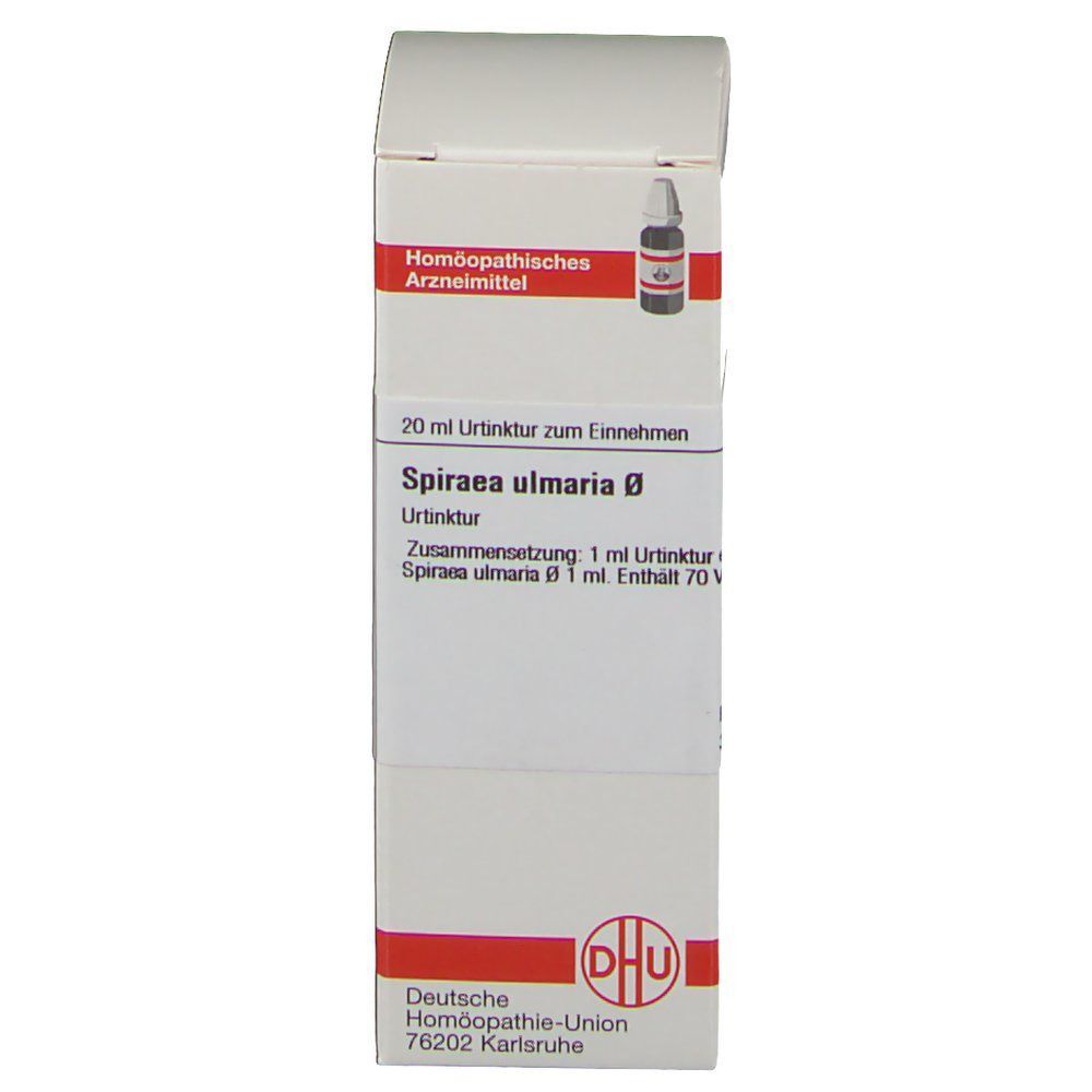 Vorderseite einer Schachtel DHU Spiraea Ulmaria Urtinktur, 20 ml. Zeigt Produktname und DHU-Logo.