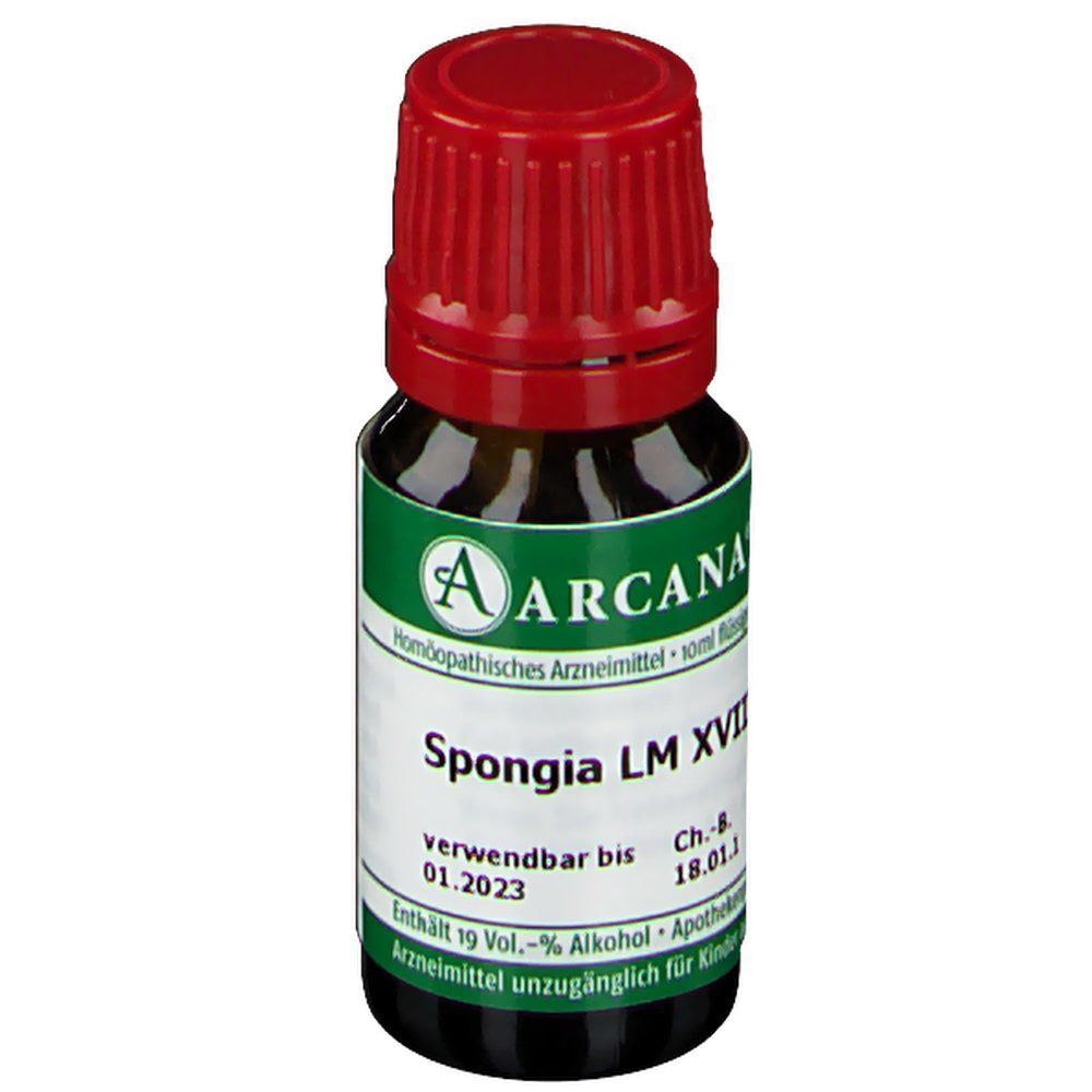 Eine ARCANA Spongia LM XVIII Flasche, 10ml, mit rotem Schraubverschluss und Etikett.