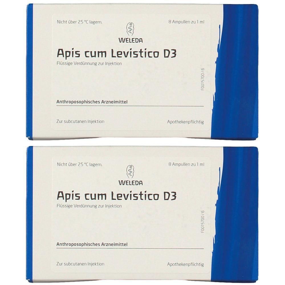 Zwei Packungen Apis cum Levistico D3, anthroposophisches Arzneimittel zur subkutanen Injektion.