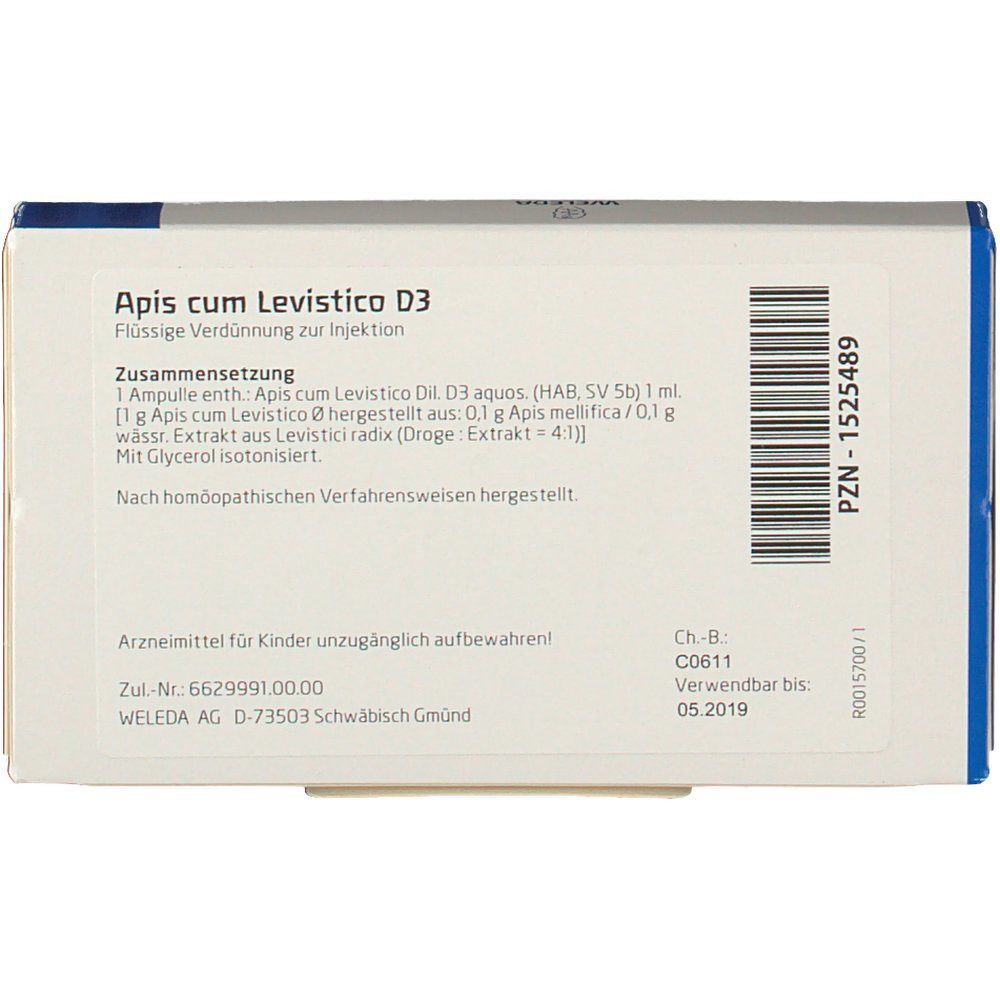 Rückseite einer Packung Apis cum Levistico D3 mit Zusammensetzung und Anwendungshinweisen.